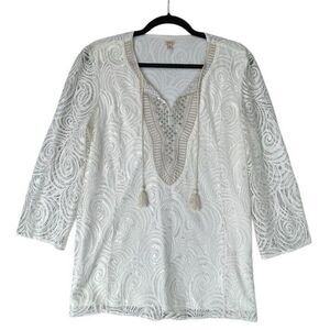 Reba Shirt‎ Womens Size Medium White Lace Tunic Sequin Boho Coquette Angel Dream